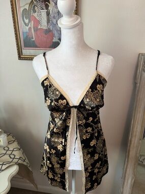 Victoria Secret Black & Gold Floral Satin Camisole with Lace Trim